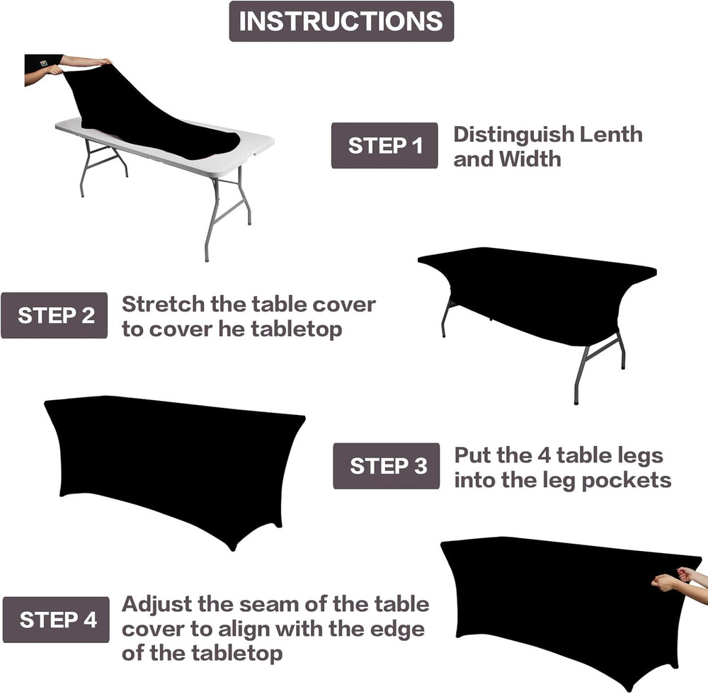 2 Pack 6FT Table Cloth for Rectangular Fitted Events Stretch Black Table Covers