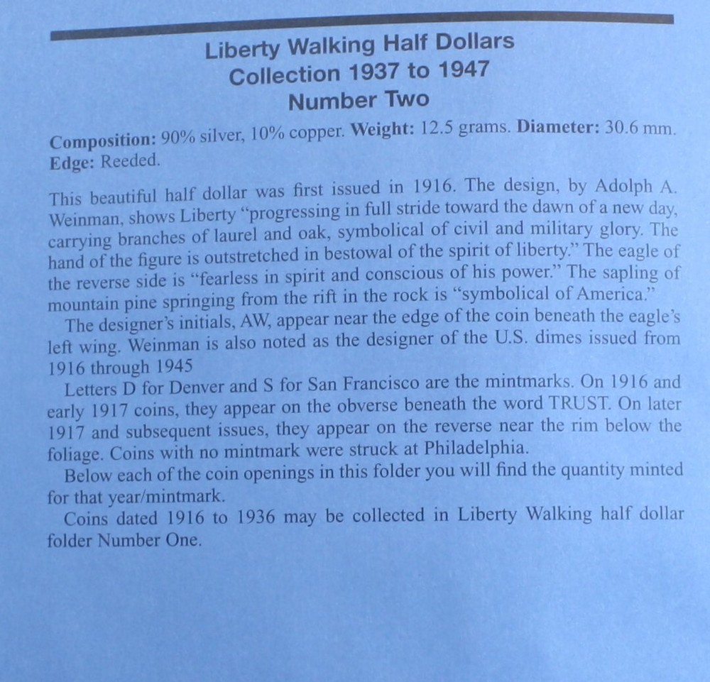 Walking Liberty Half Dollars 1937-1947 New Whitman Folder missing 3 WL55