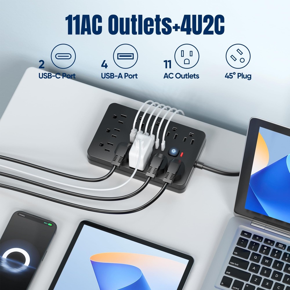 6 FT Flat Plug Surge Protector Power Strip11 Multiple AC Outlets with 6 USB P...