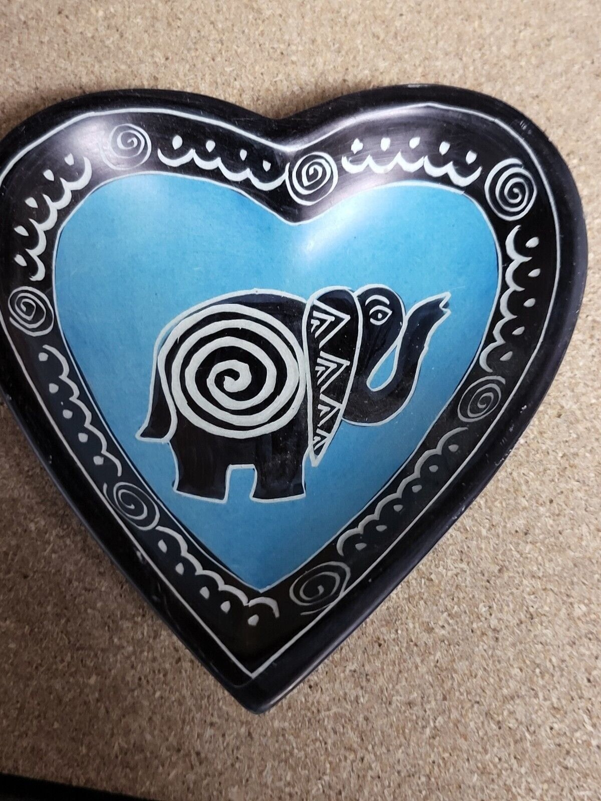 Hand Carved Elephant Soapstone Turquoise, Black Heart Trinket Dish Kenya