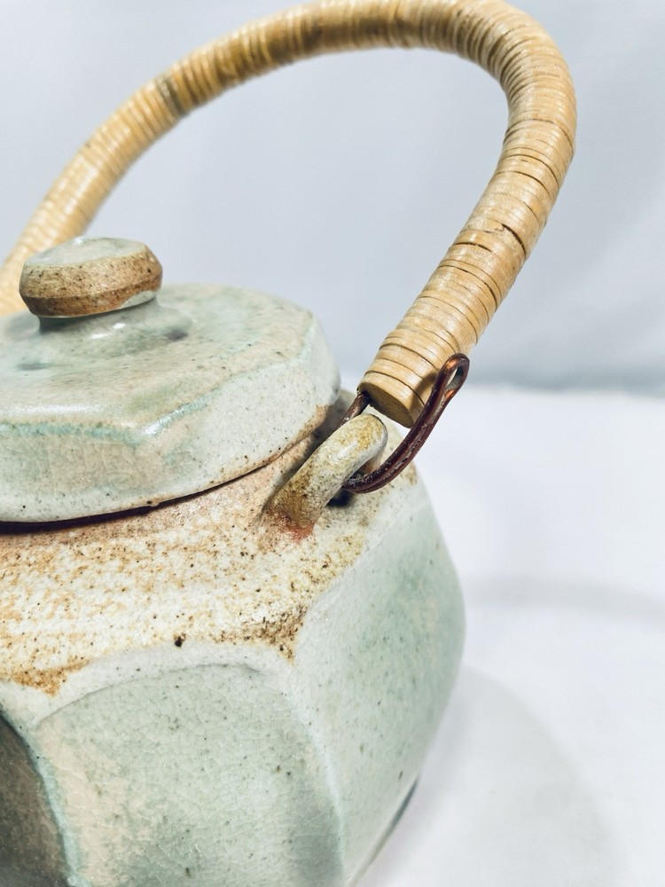 Studio Pottery Celadon Teapot Small Ceramic Rattan Wrapped Handle