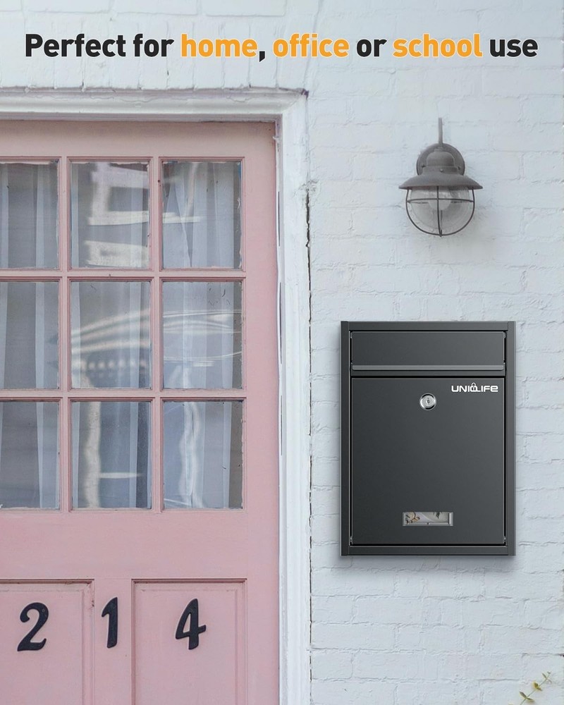 Uniclife Wall Mount Mailbox for Outside, Locking Mail Box, Key Lock, Blcak