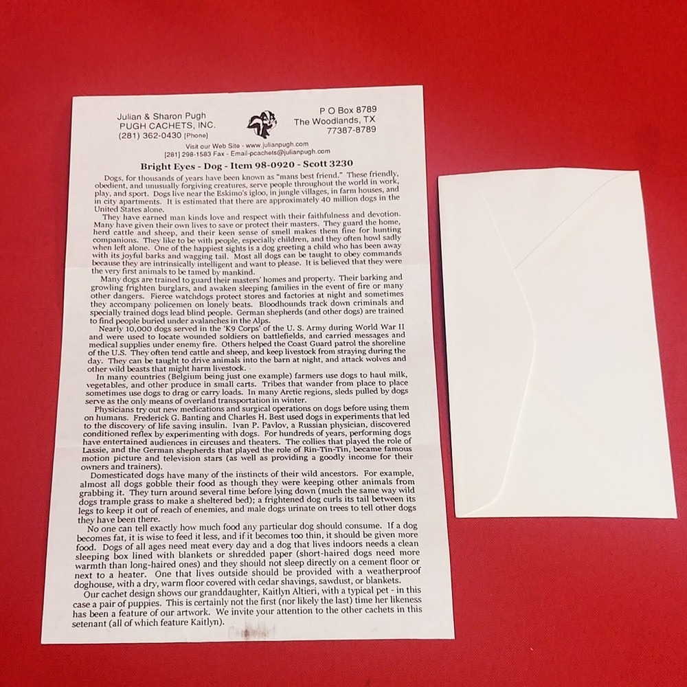 First Day of Issue Dog Stamp Cache Envelope Enclosure