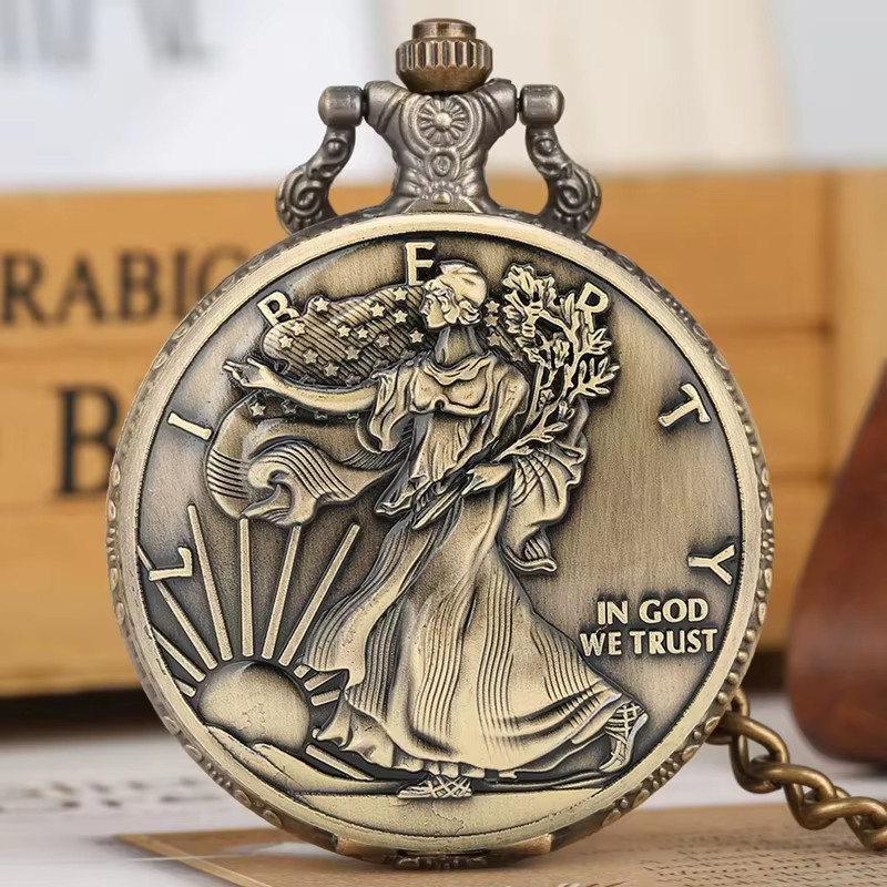 Lady Liberty Pocket Watch - Double Sided Face - US Eagle Design