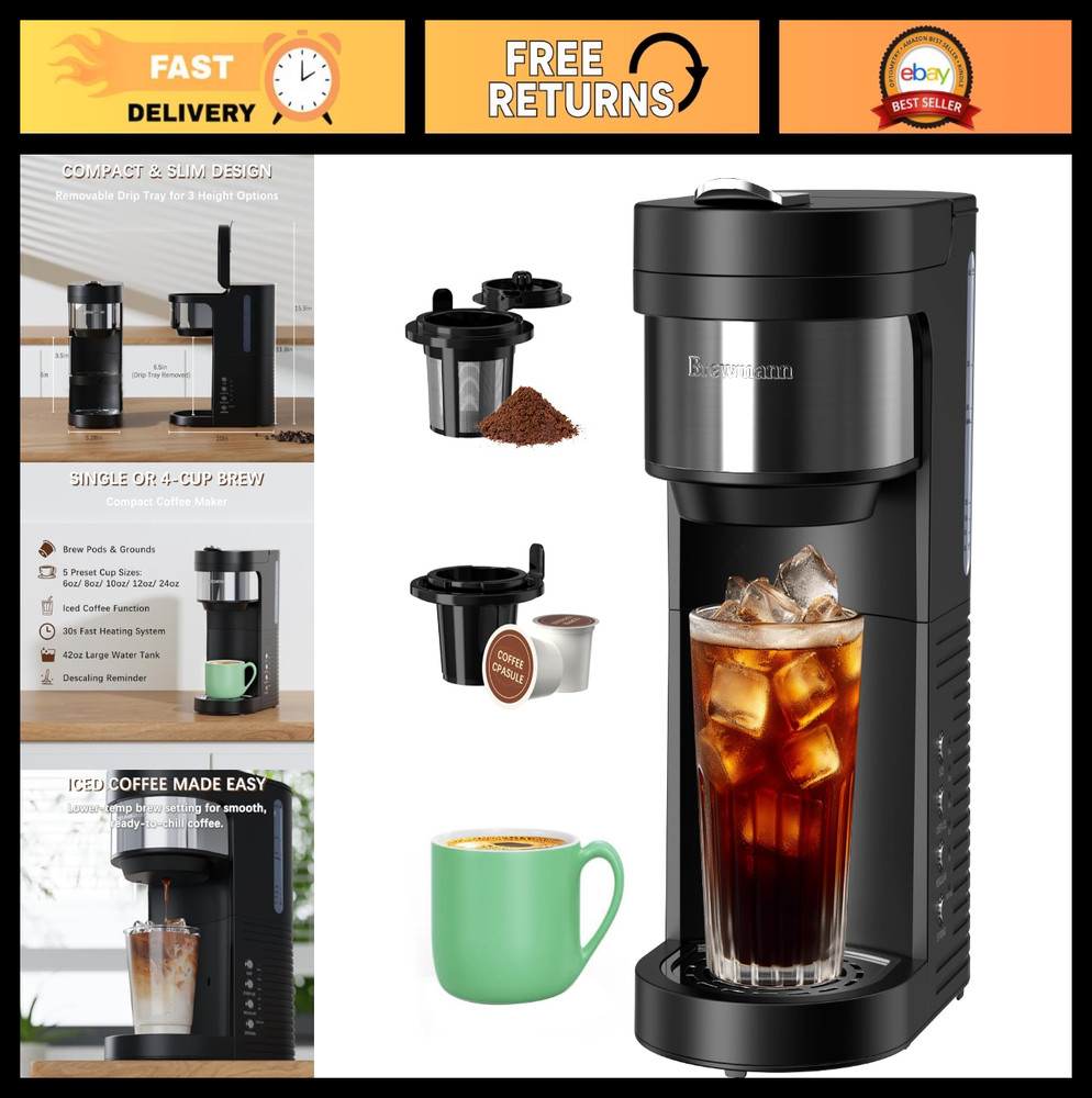 Single Serve Coffee Maker for K-Cup & Grounds, 6-24oz Brew Size, Compact Design