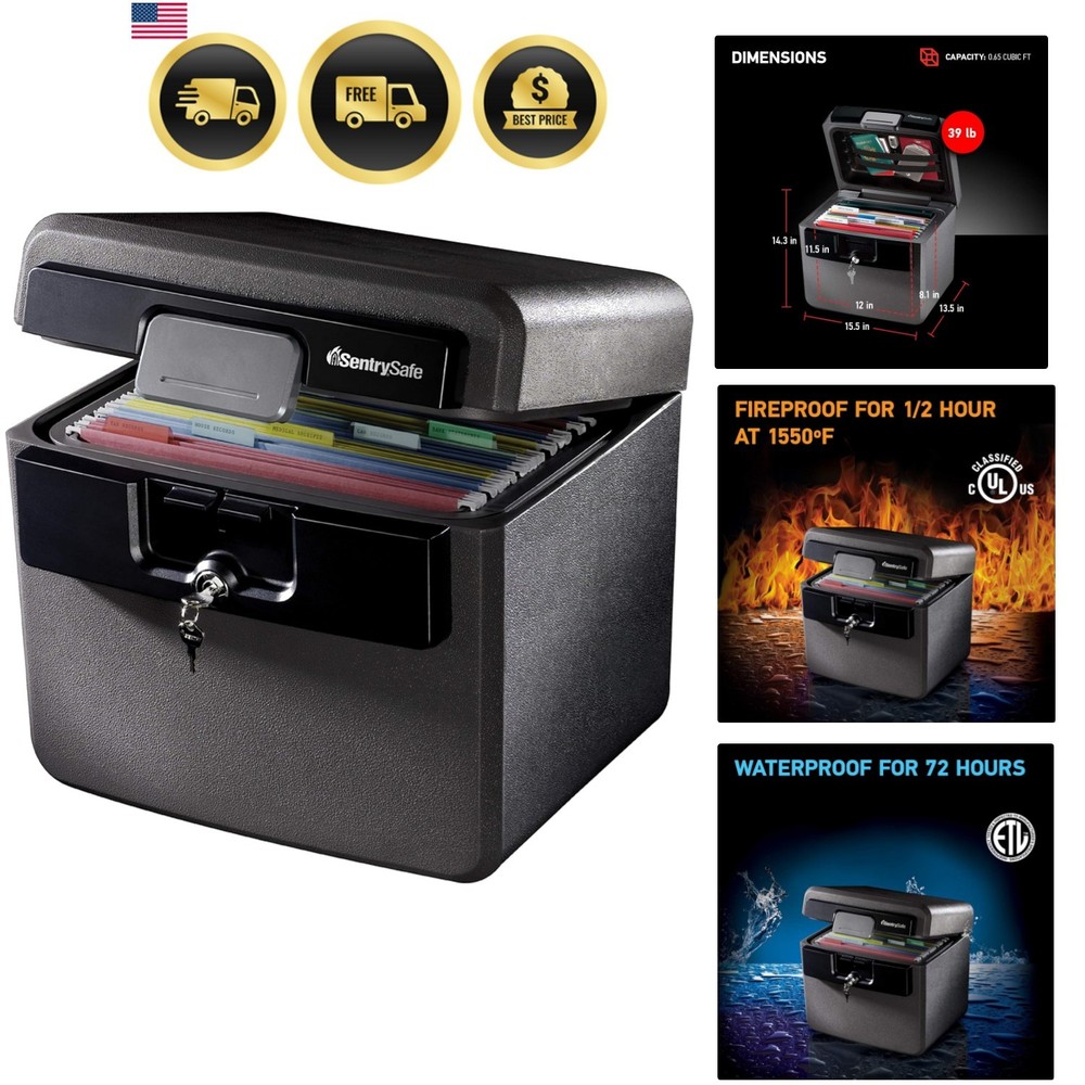 Black Fireproof and Waterproof Safe, File Folder and Document Box with Key Lo...