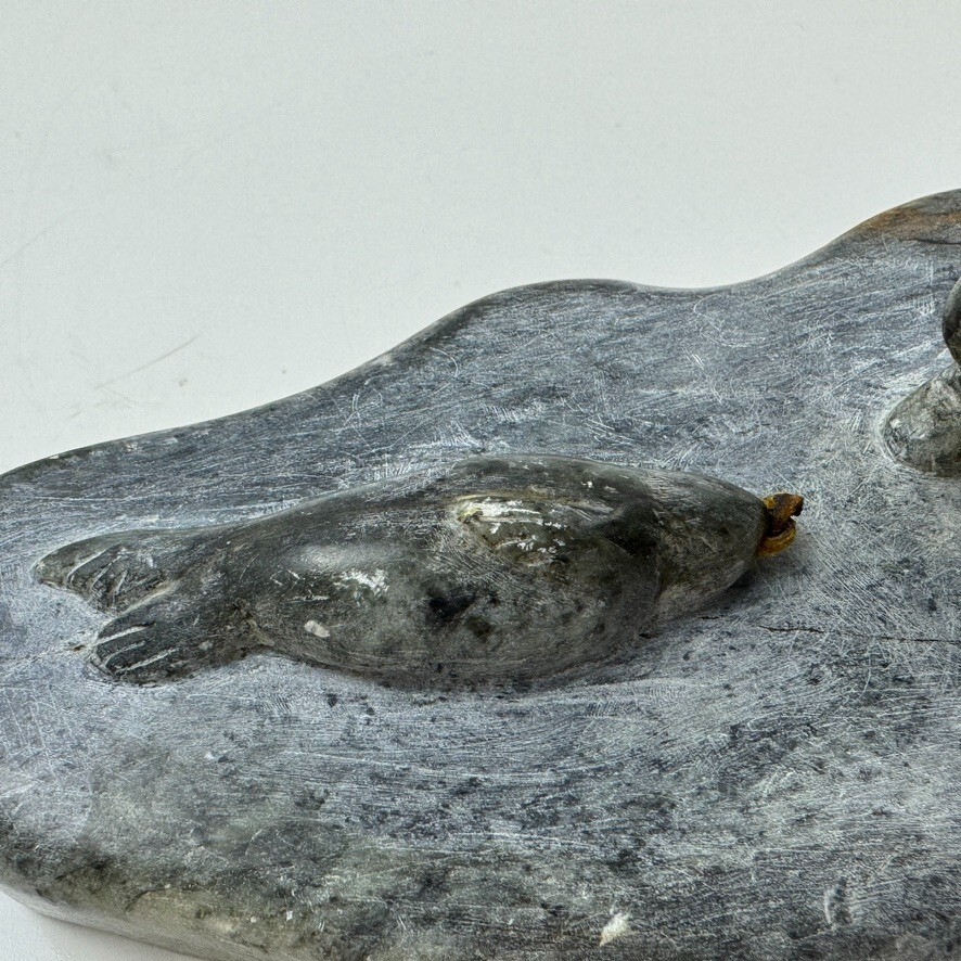 Alaskan Native Vtg Soapstone Tableau Seal & Hunter Contemporary Green Variegated