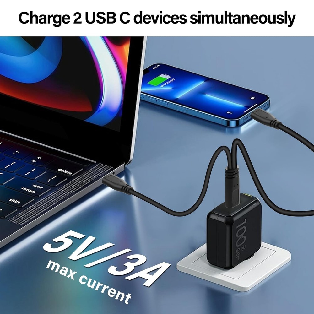 Short USB C Splitter Charging Cord 2 in 1 Multi Type C Charge Cable, 3A Fast...