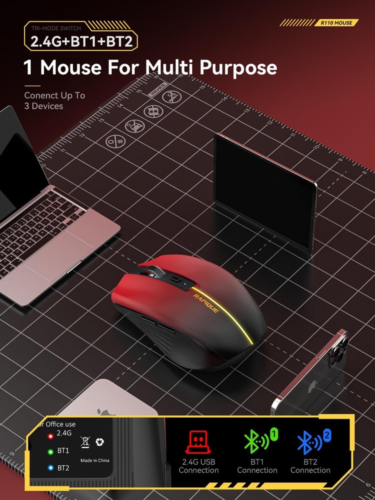 Bluetooth Wireless Mouse - (BT1/BT2+USB) Tri-Mode High Performance, Rechargea...