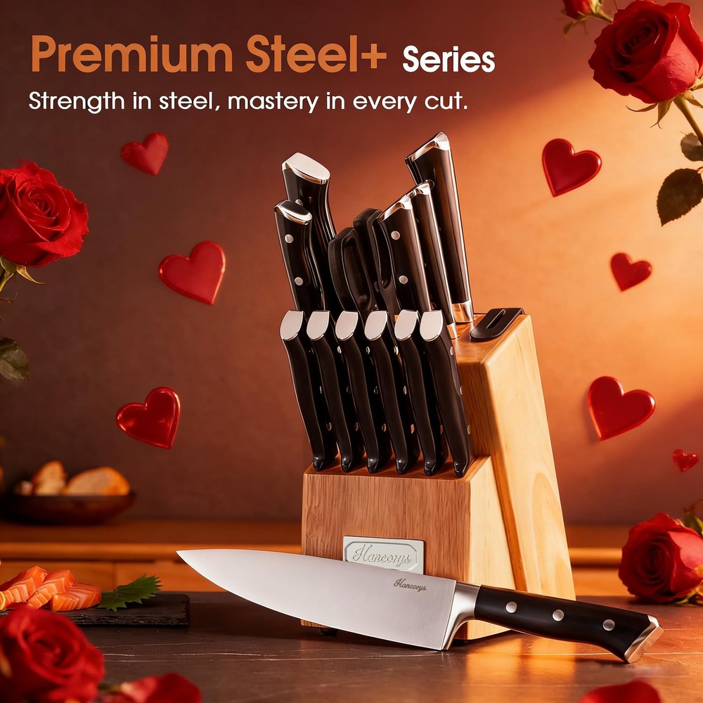 Block Set, 15 Pcs Kitchen Set, Enduring Ultra Sharp High Carbon German Stainl...