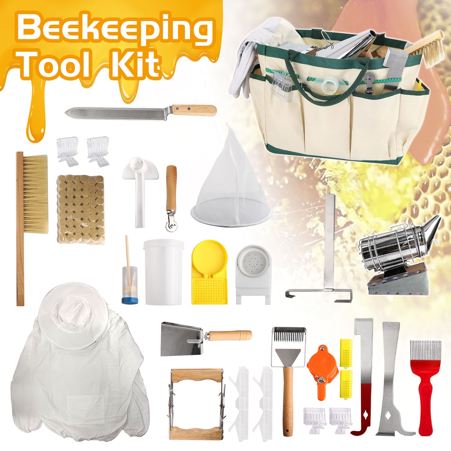 30Pcs Beekeeping Supplies Tools Starter Kit with Bee Suit for Beginner Beekeeper