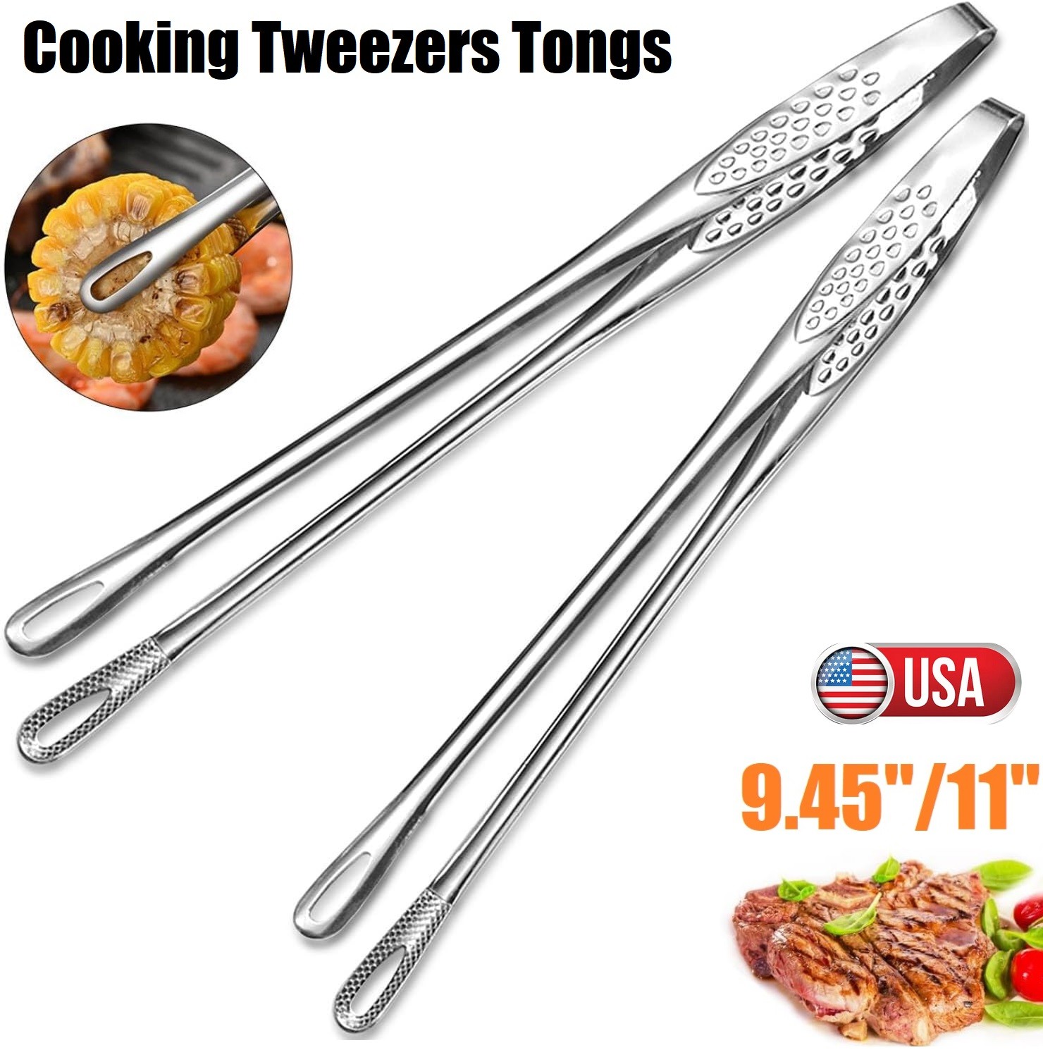2× Stainless Steel Grill Tongs Cooking BBQ Steak Clamp Pastry Kitchen Tweezers