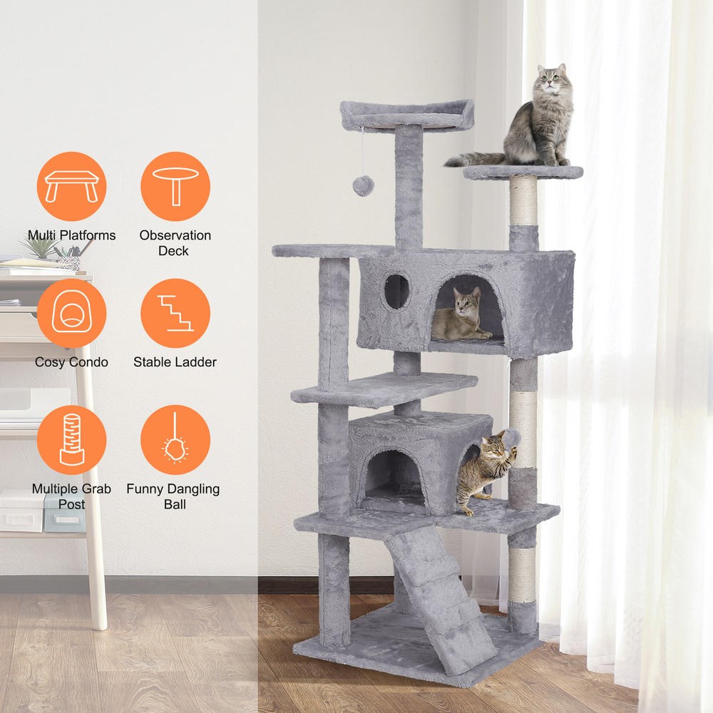 55" Cat Tree Multi Level Tower Condo Activity Center Scrathching Post Light Grey