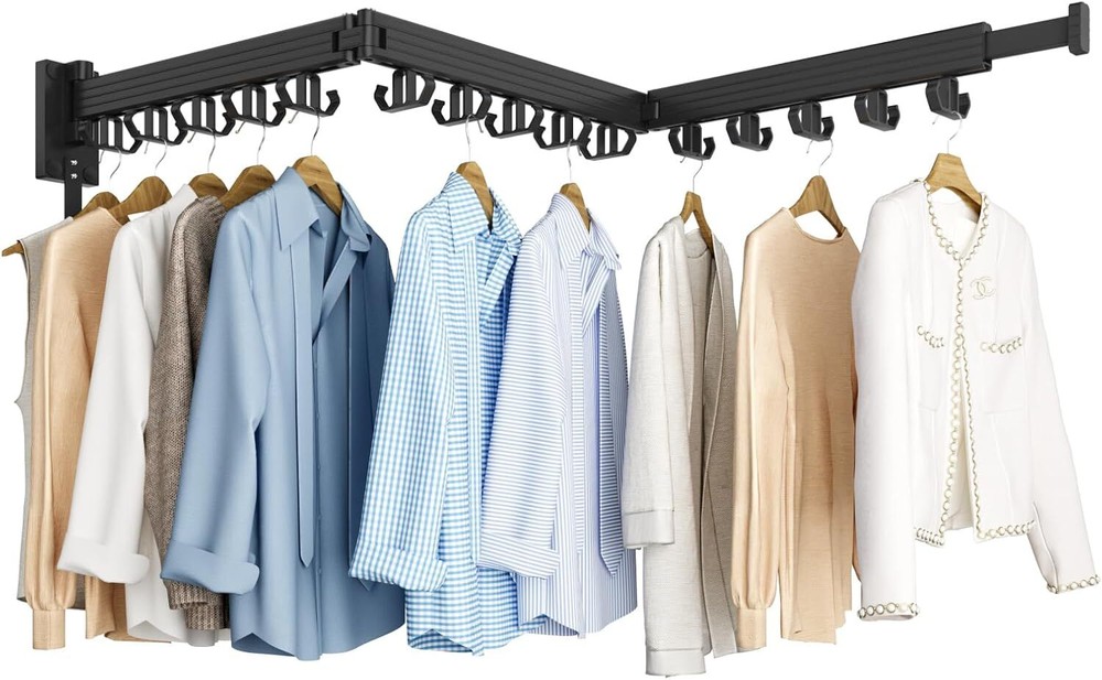 Clothes Drying Rack, Wall Mounted, Foldable Drying Rack with 24 Hooks - Black