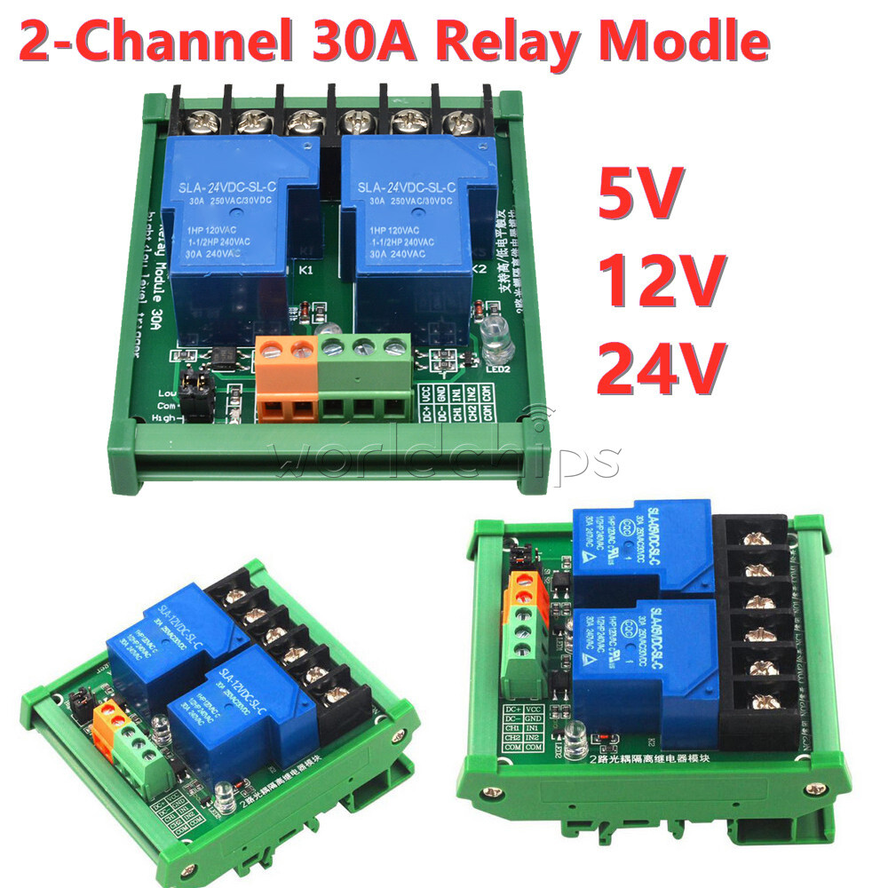 2 Channel 30A DC 5V 12V 24V Relay Module Optocoupler Isolation High Low Trigger