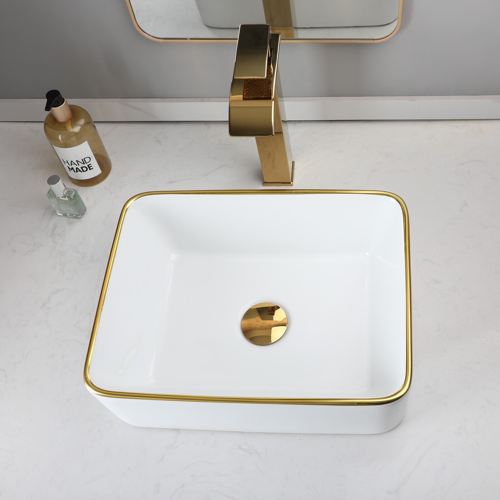 White&Gold Bathroom Sink Rectangular Ceramic Basin Mixer Waterfall Tap Set Drain