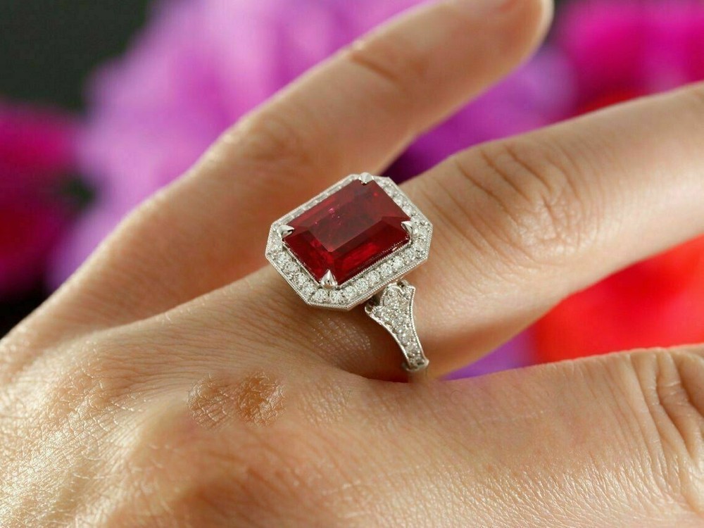 2.92 Ct Emerald Cut Natural Ruby Diamond Wedding Ring for her 14K White Gold