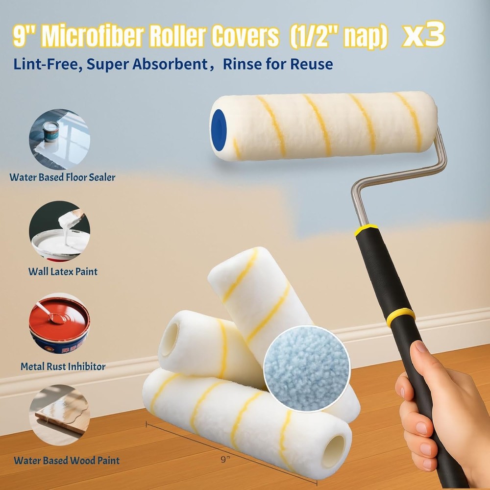 Paint Roller Kit - Set with 2" Paint Brush, Heavy-Duty 9" Paint Roller Frame, 48