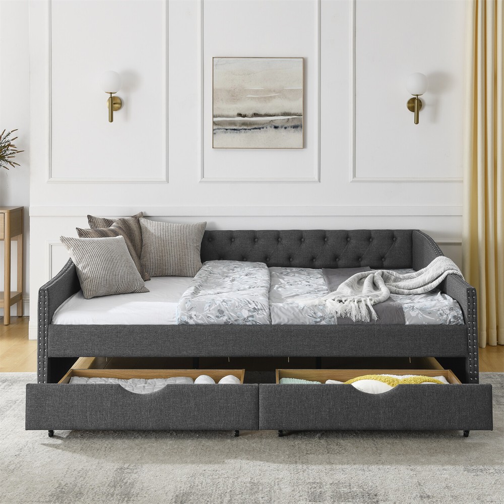 Queen Size Daybed w/ 2 Storage Drawers Upholstered Bed Frame Sofa Bed US