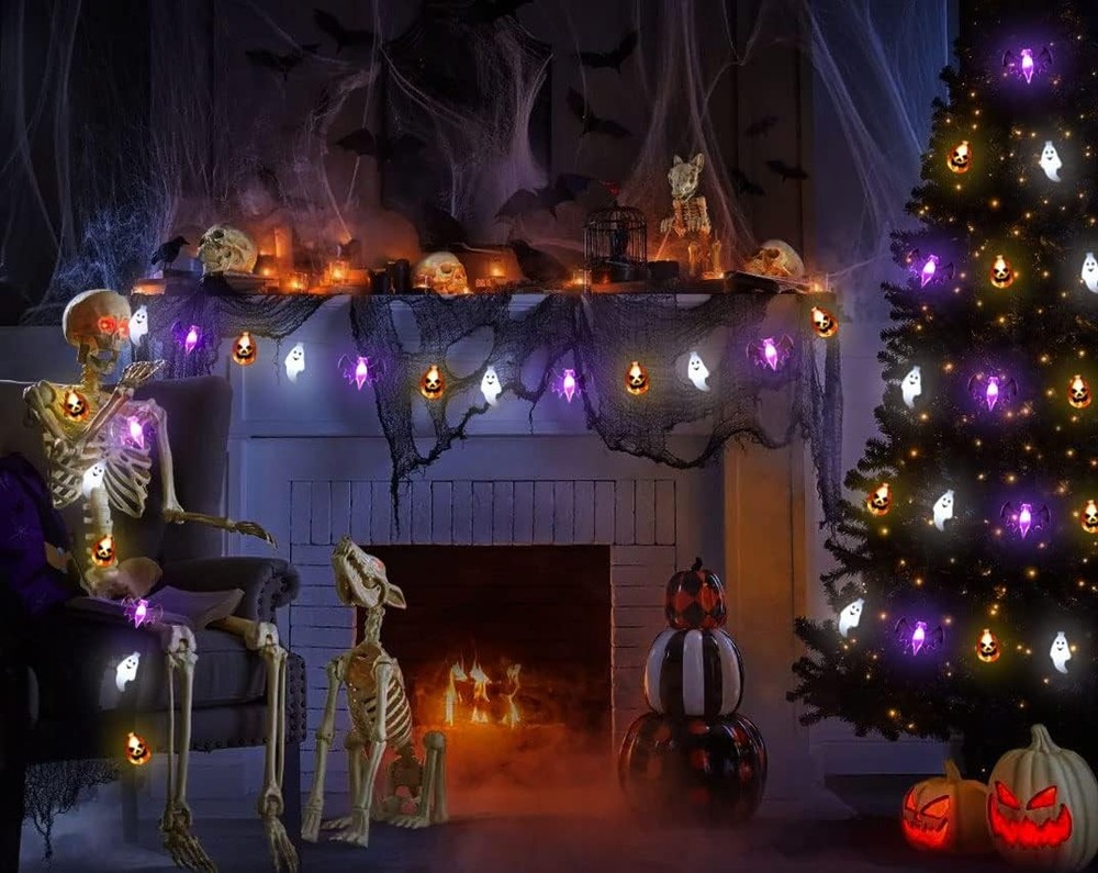 Halloween 16FT 30 LED Pumpkin Bat Ghost String Lights, 8 Modes, Timer