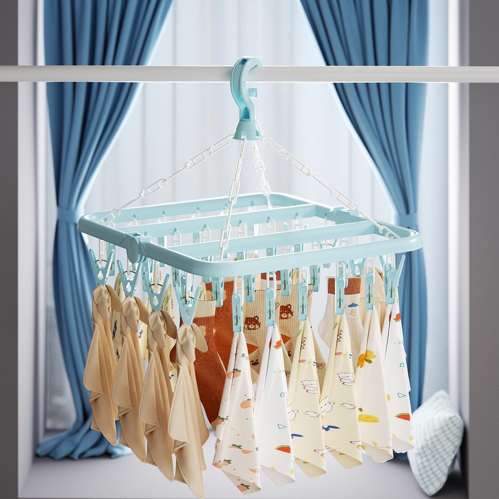 Clothes Drying Rack with 32 Clips, Foldable Hanging Rack, 360° Rotatable Hook...