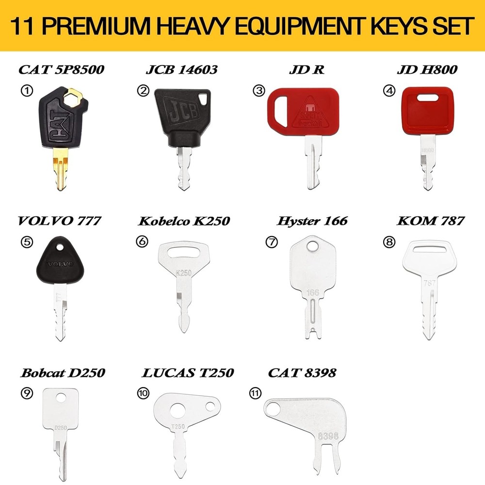 11 Heavy Equipment Keys Set, Construction Master Machine Keys Set for Cat, JD...