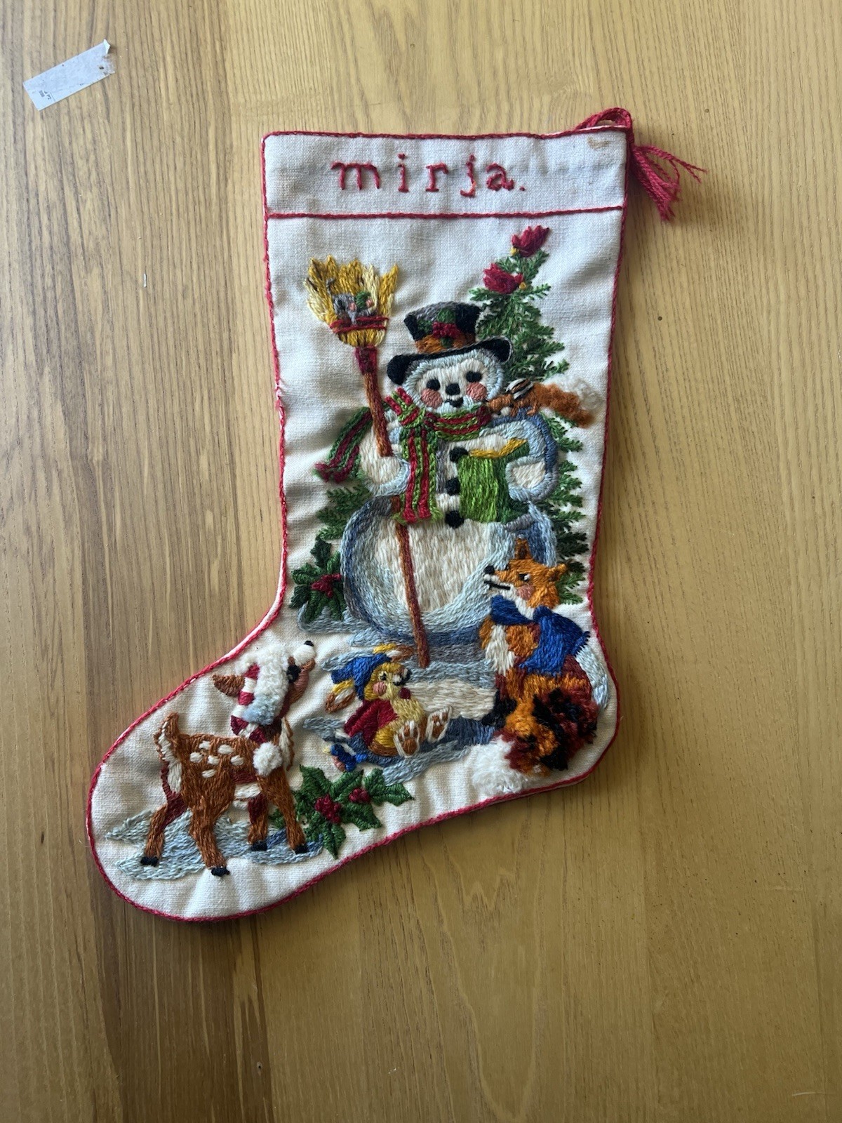 Vtg Christmas Stocking Crewel Of Snowman Crewel Stitch 1982 "MIRJA" READ