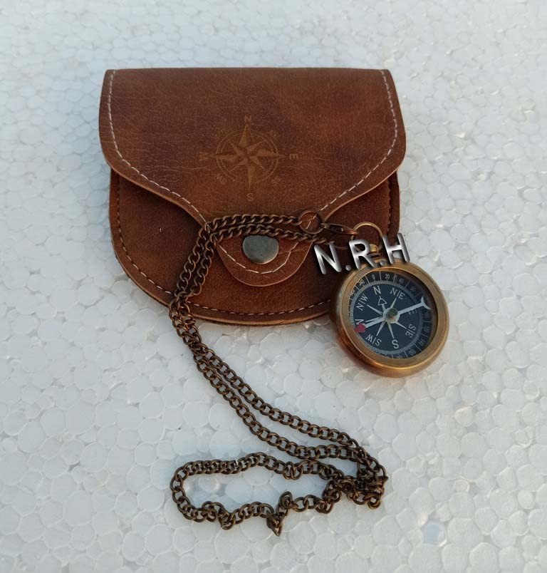 Brass Compass with Leather Case and Chain Locket Navigation