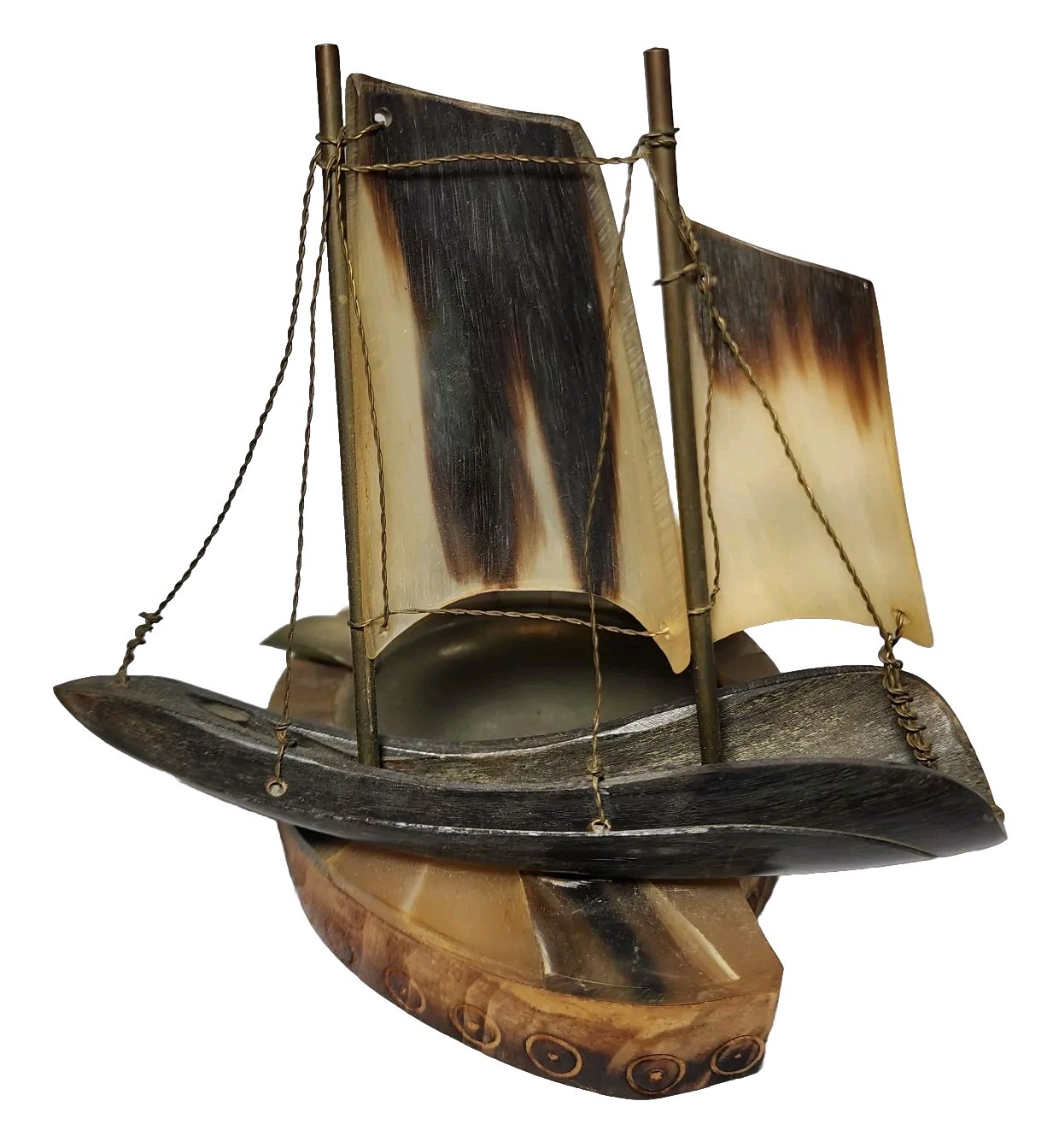 Vtg Carved Horn Sailing Clipper Ship Ashtray Nautical Pirate Scooner Boat Rare