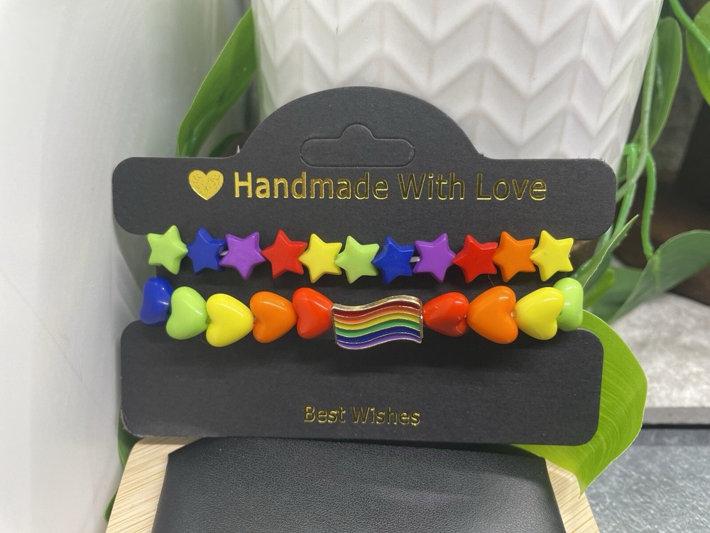 2 PC Handmade Rainbow Beaded Stackable 7” Plus Stretch Bracelet Set New B4856