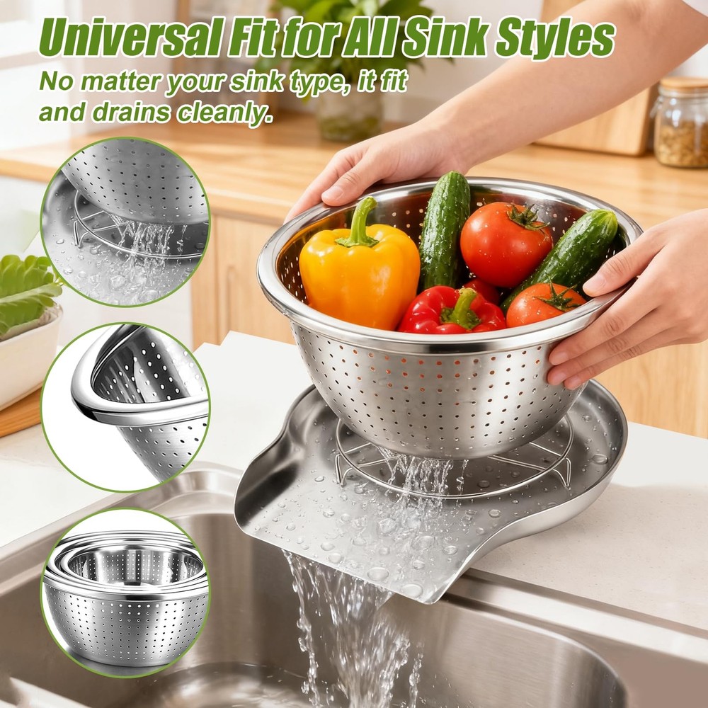 Stainless Steel Colander Set with Self-Draining Base, 3 Sizes Colanders & Foo...