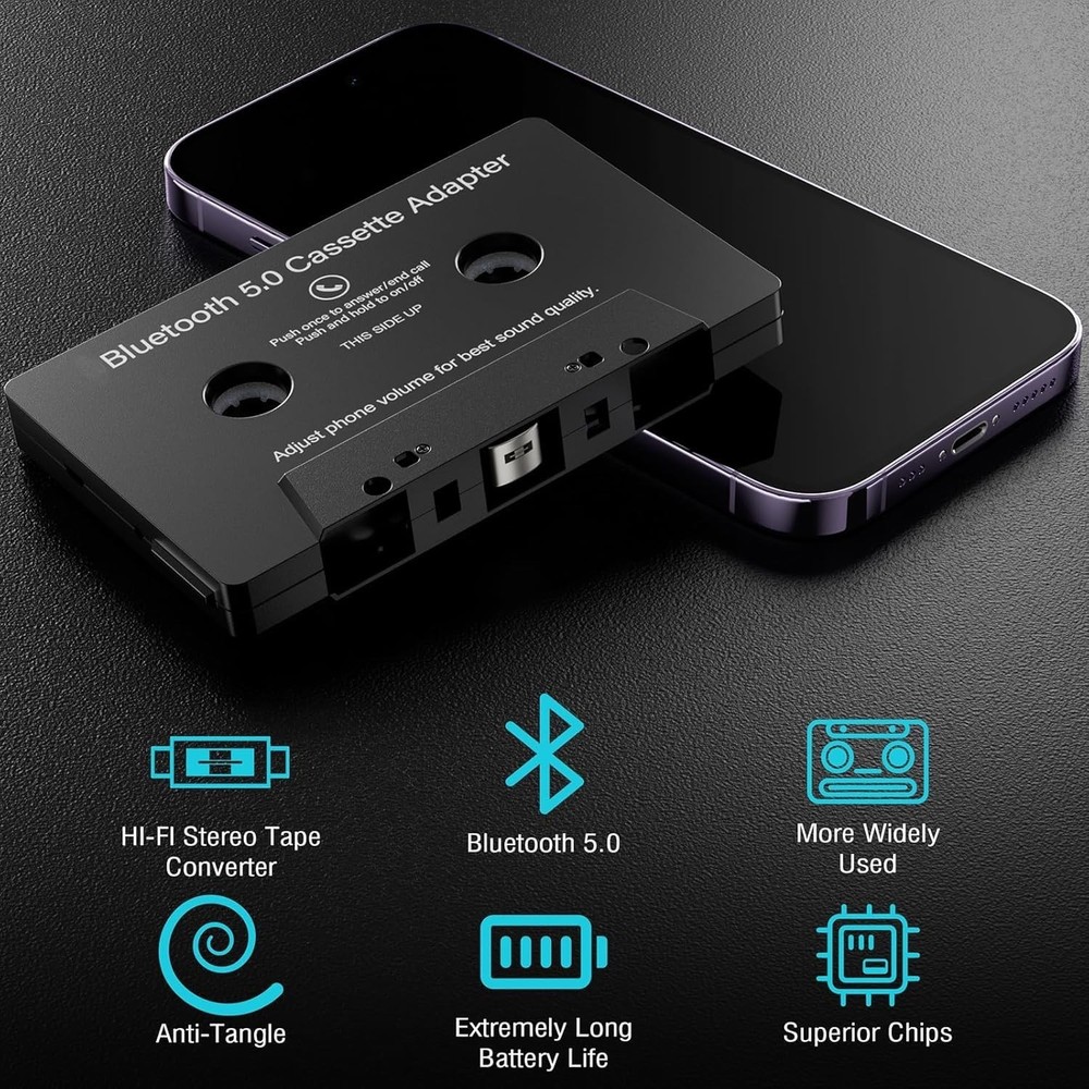 Car Audio Bluetooth 5.0 Cassette Receiver, Function Button, Black