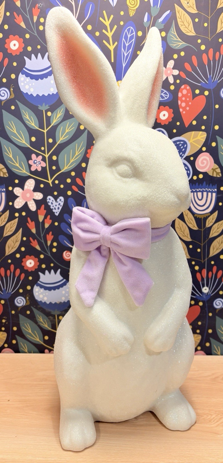 Large 25” Blow Mold Bunny Rabbit W/ Velvet Lavender Ribbon And Glitter Coating