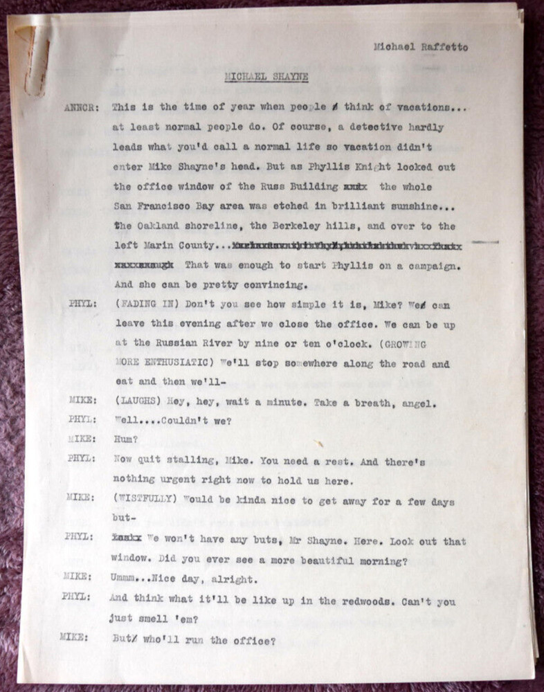 Scarce Michael Raffetto " Michael Shayne " Complete Original Radio Script
