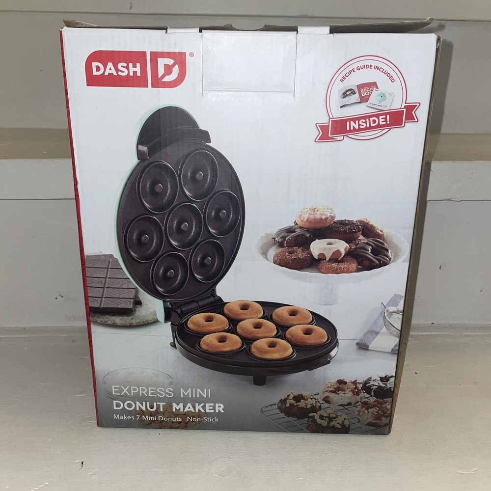 New In Box DASH Express Mini Donut Maker Nonstick Cooking Surface Aqua Color