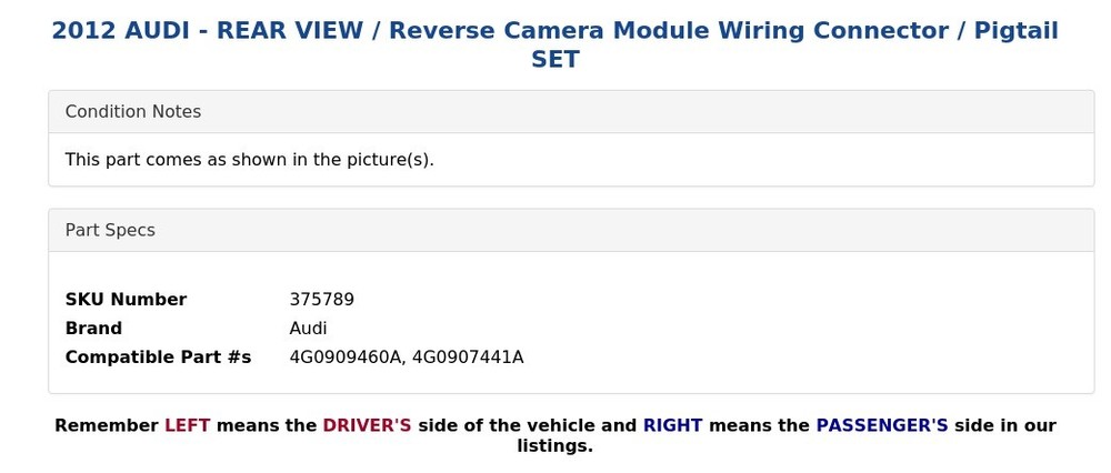 2012 AUDI - REAR VIEW / Reverse Camera Module Wiring Connector / Pigtail SET