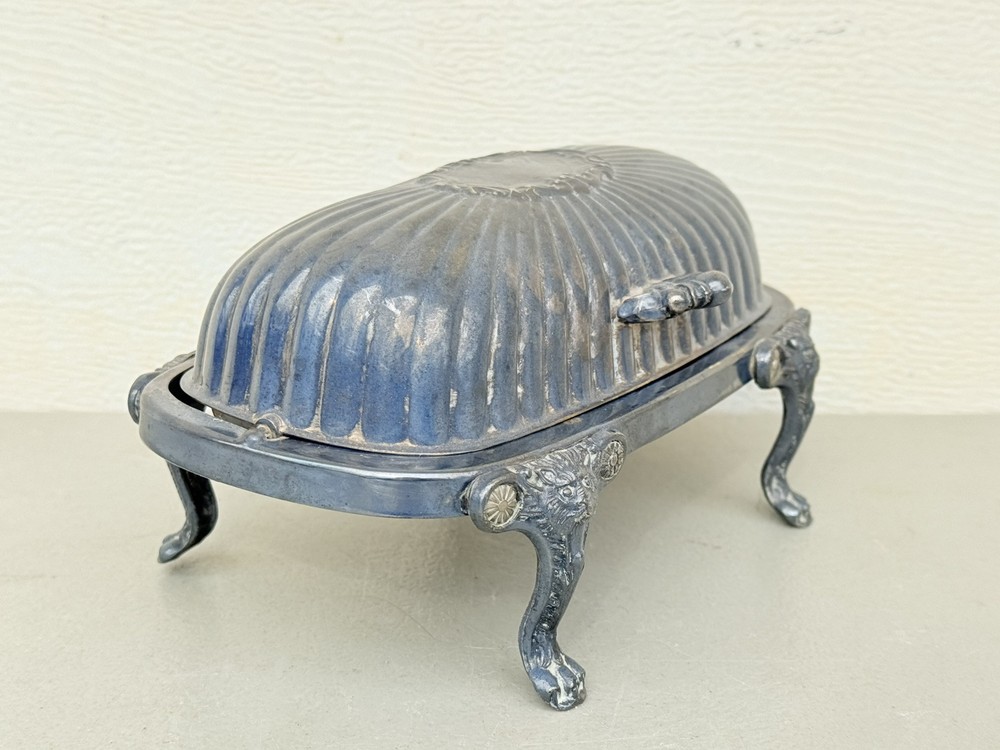 FB Rogers Silver Plated Roll Top Lion Head Claw Feet Covered Butter Dish