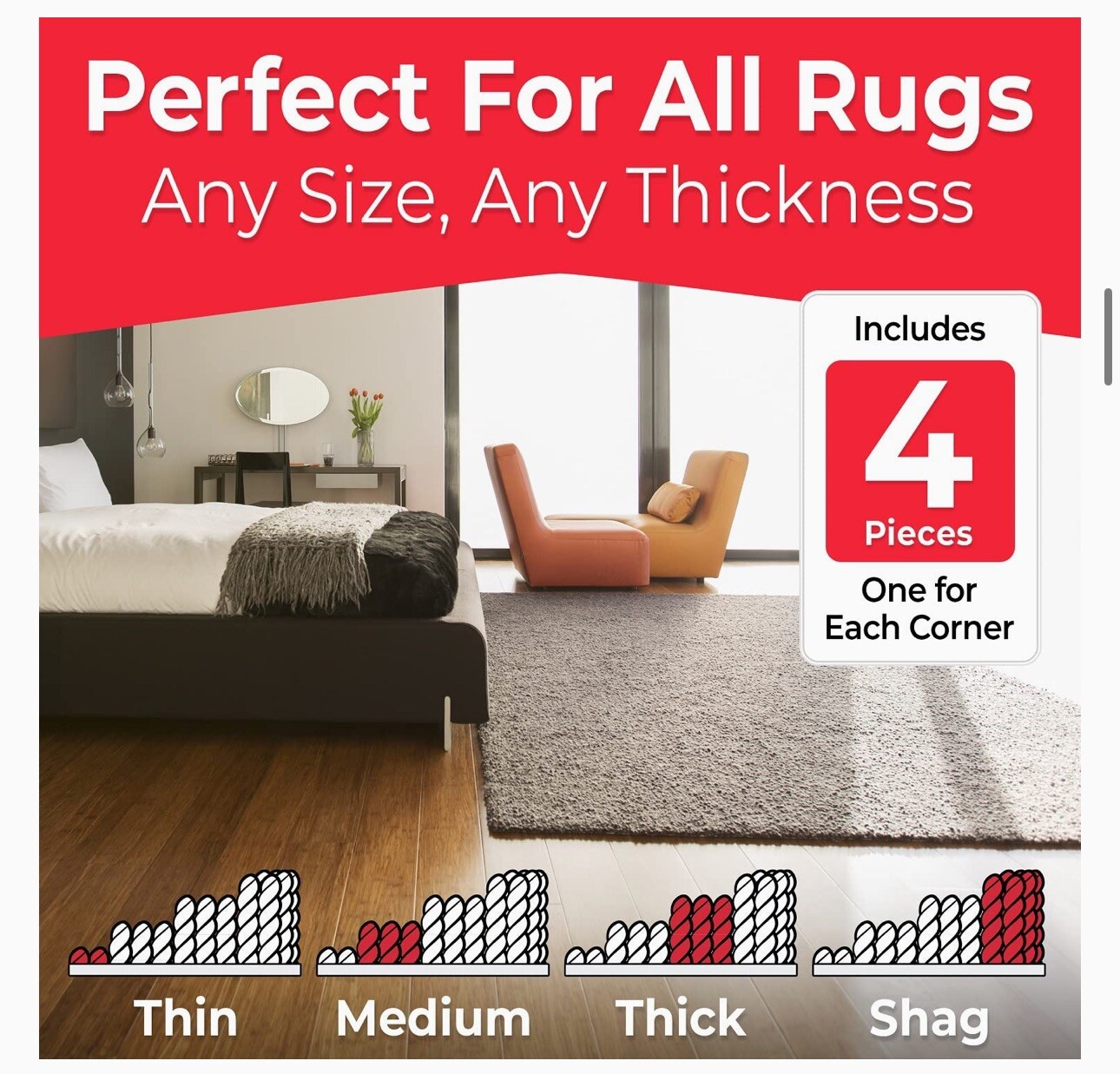 4 Piece Never Curl Rug Gripper Corners No Slip Indoor Outdoor NEVERCURL New