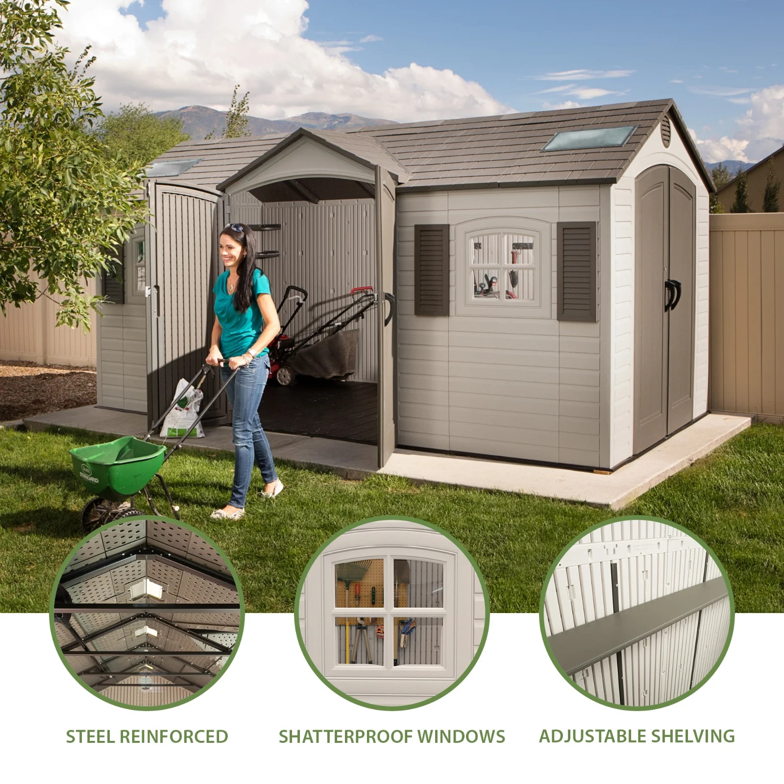 Lifetime Polyethylene Outdoor Storage Shed, 106.5 Sq. ft., 15' x 8', Two Double