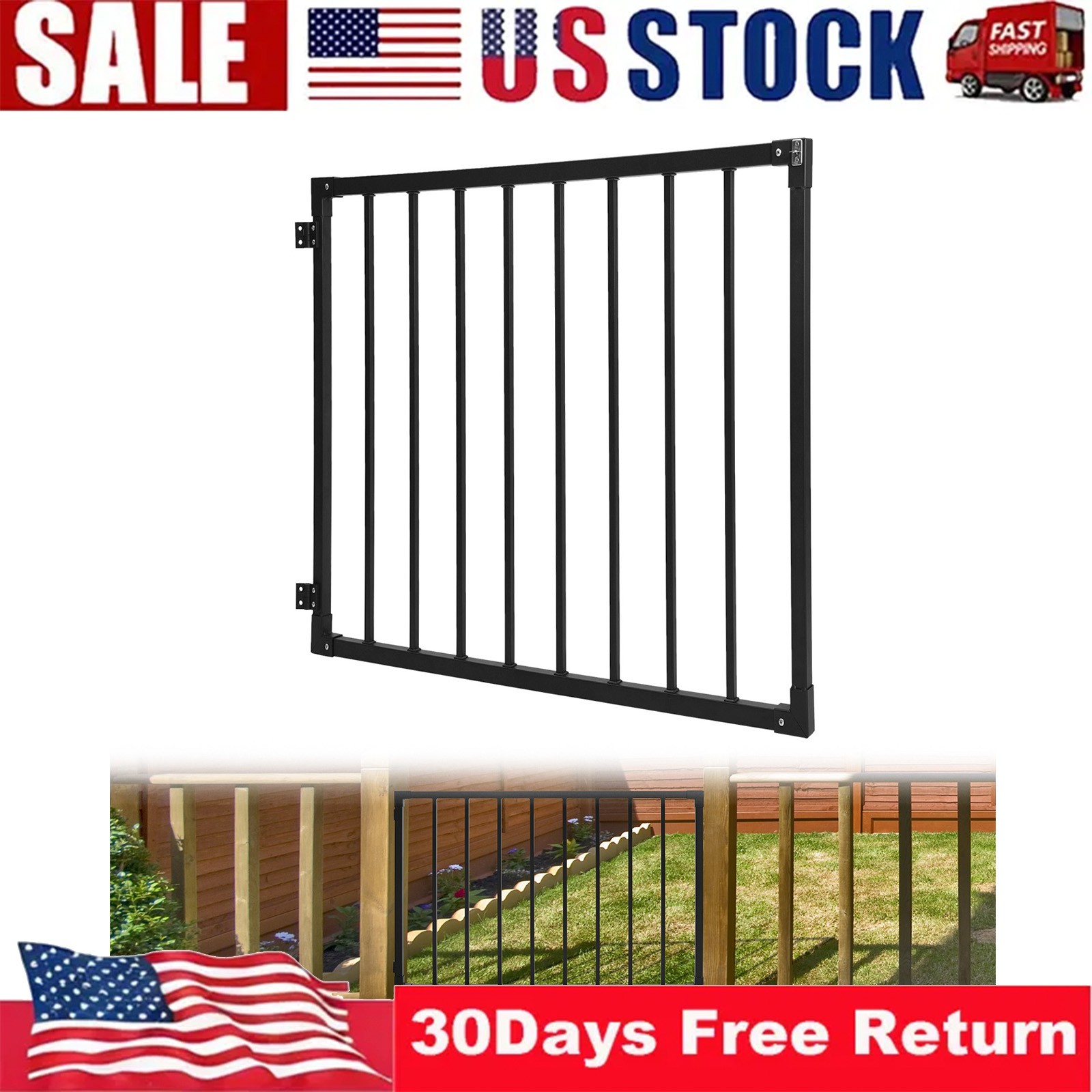 Heavy-Duty Deck Fence Gate 32.5" H x 48" W Black Metal Gate for Patio Yard Fence