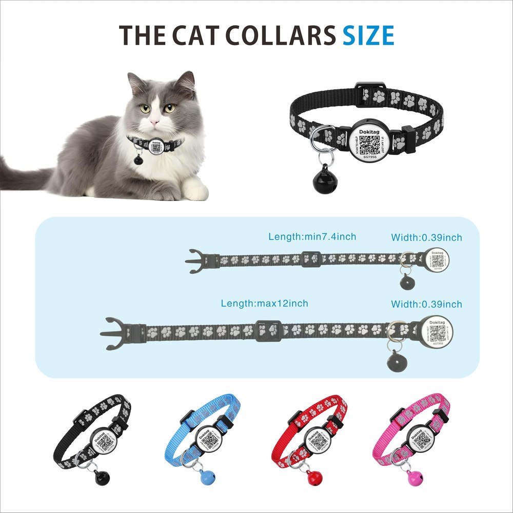 DOKITAG Reflective Cat Collar with QR Code Name Tag,Breakaway pink&red