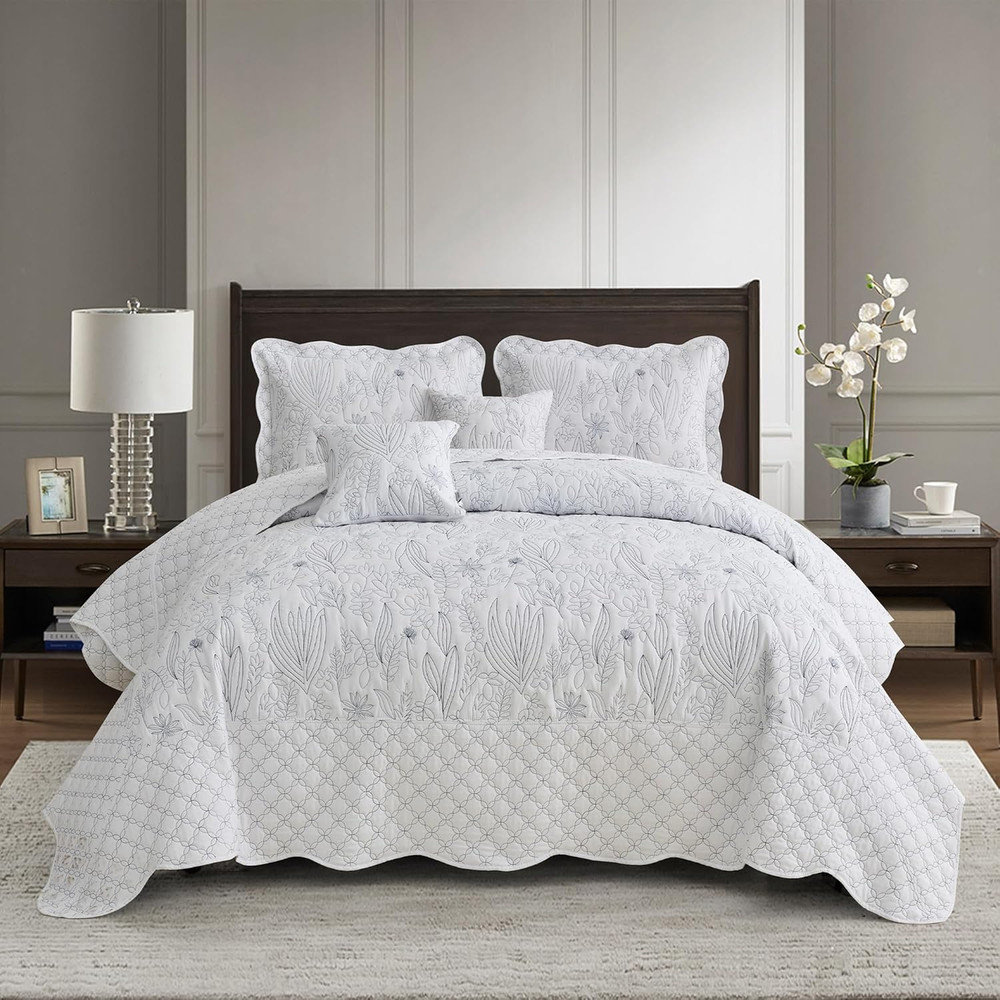 Botanical Oversized Bedspread King Size - Leaves Pattern Stitching Quilt Set - E