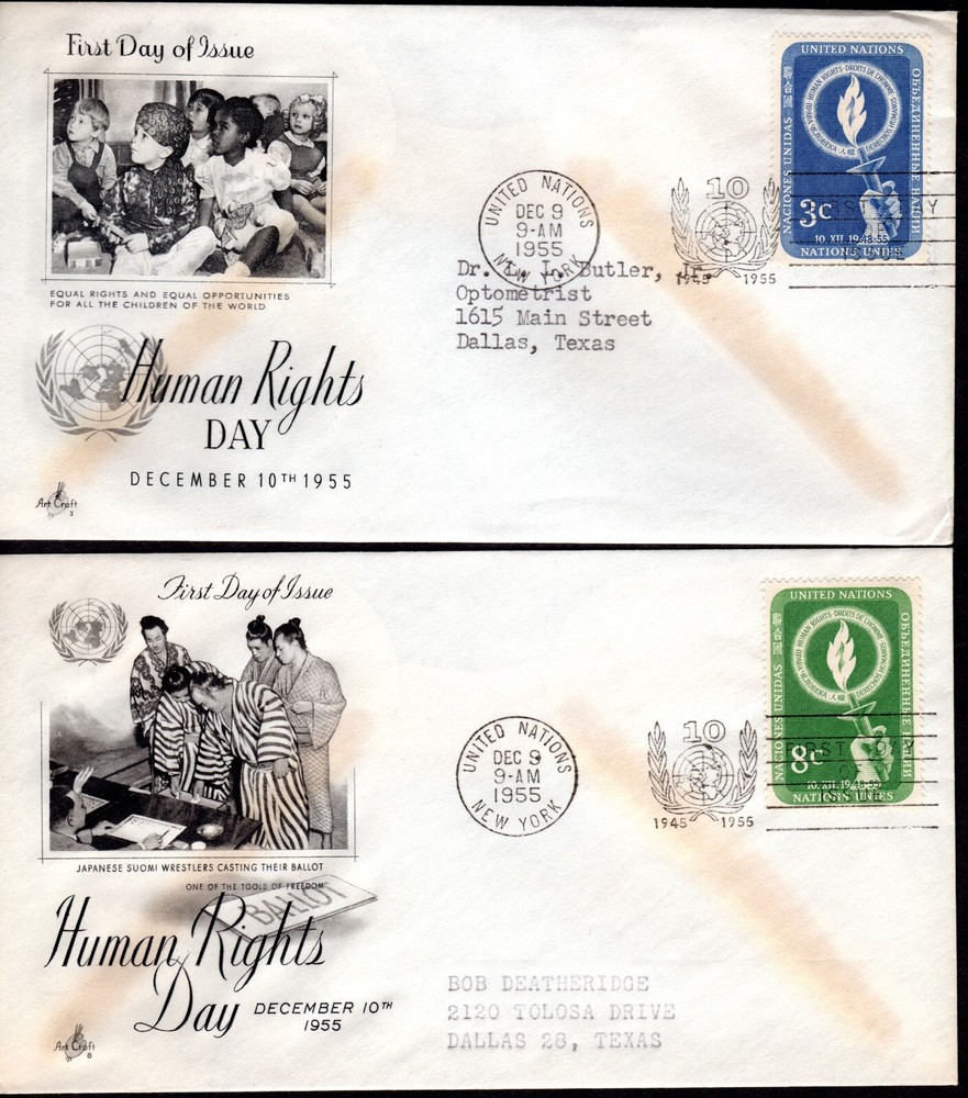 1955 UN ~ SC# 39-40 ~ Human Rights Day Issues ~ FDC's ~ Art Craft Cachet