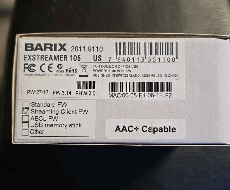 New Barix Exstreamer 105: Multiformat IP Audio Decoder. AAC+capable.PN:2011.9110