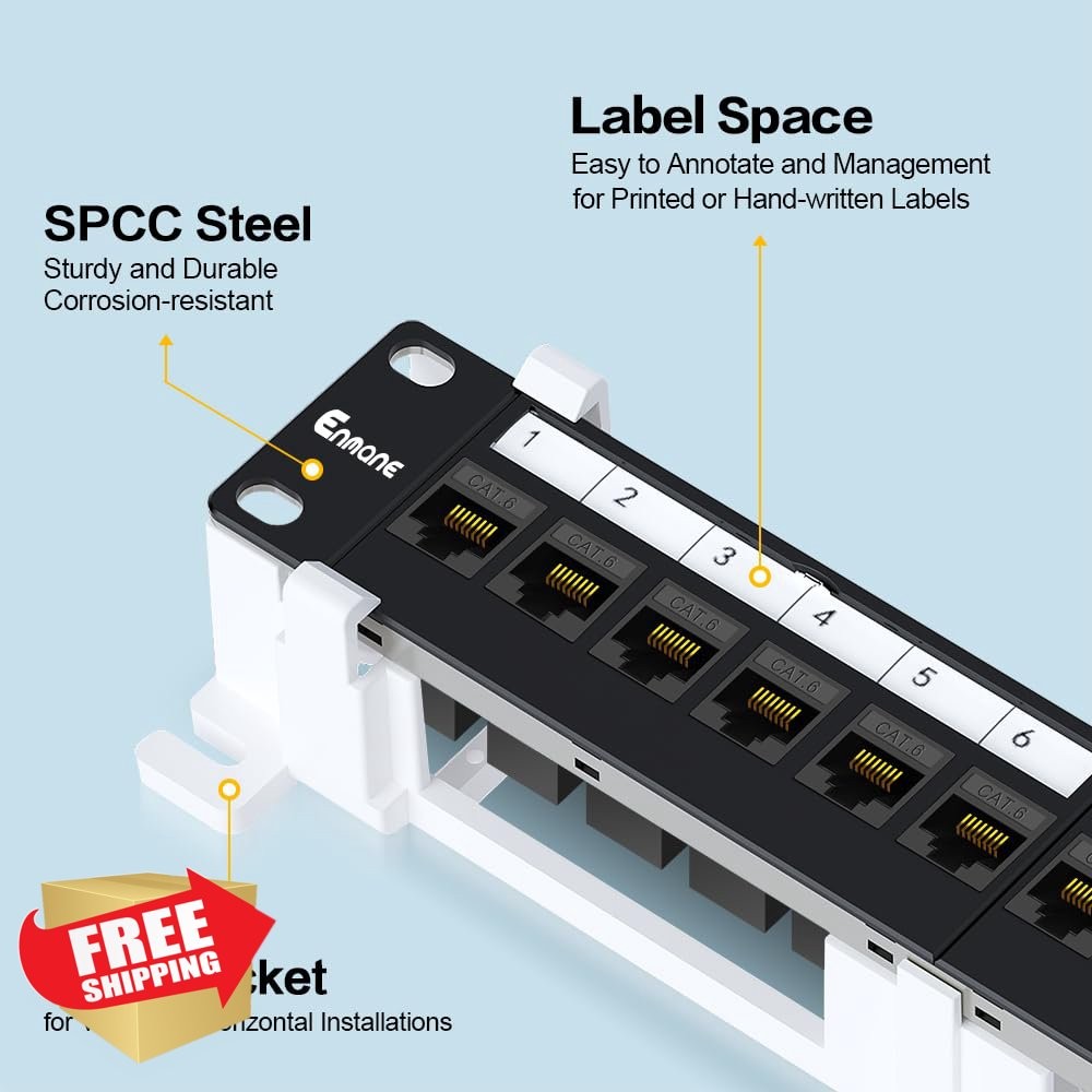 Enmane 12 Port CAT6 Patch Panel 10 Inch Wall Mount Bracket