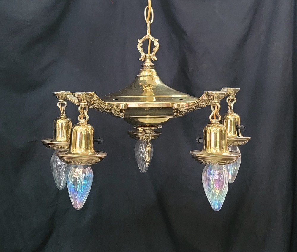 Restored 5 Light Brass Pan Chandelier w/ On/off Knobs 18" x 12" GS00969