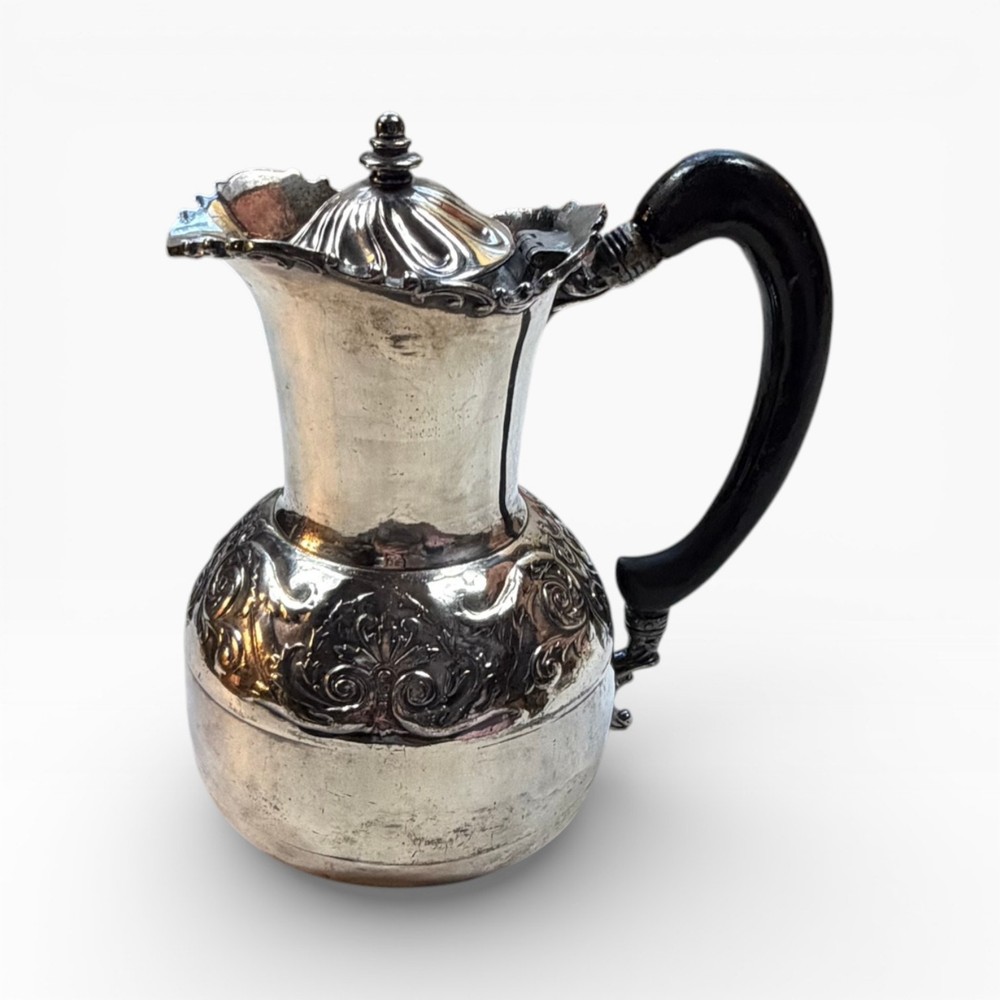 Antique Silverplate Hinged Lid Pitcher, Ornate Victorian Style, Black Handle