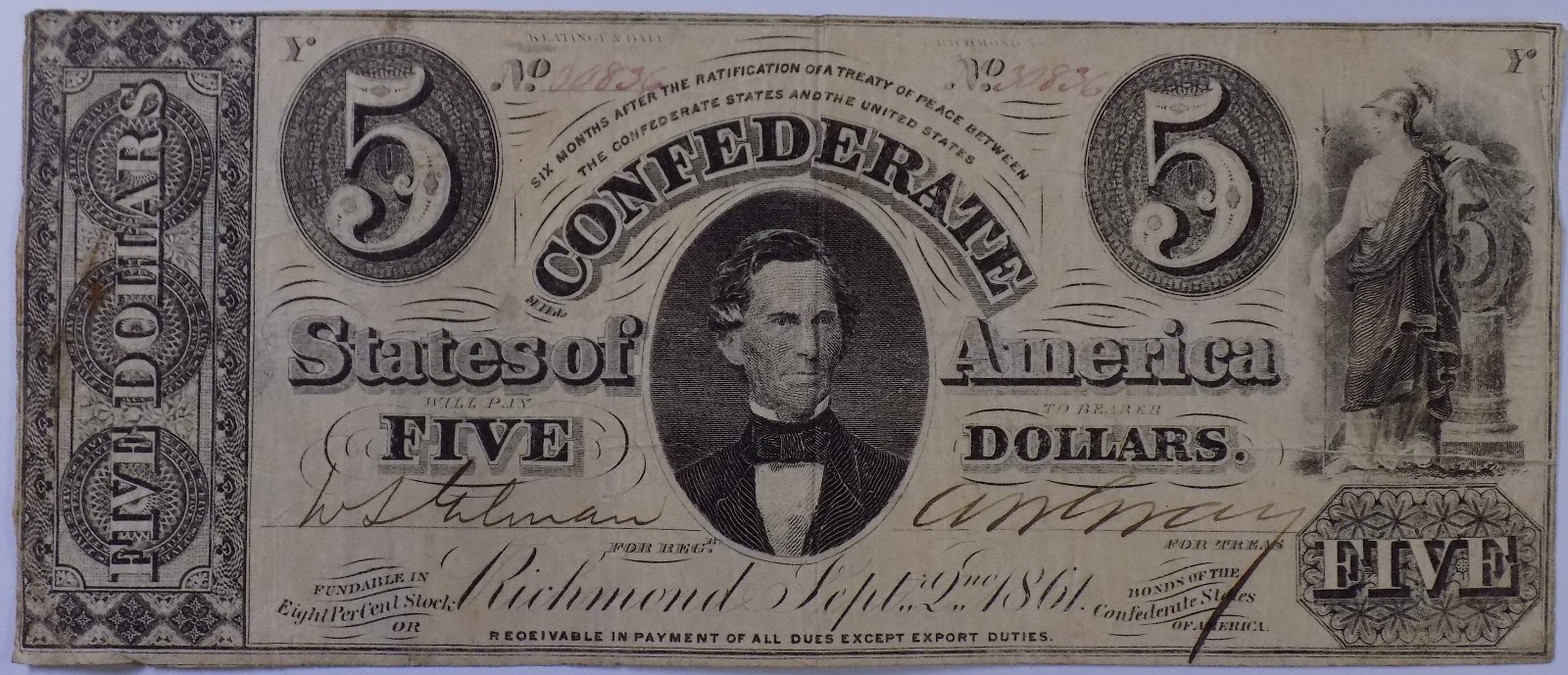 1861 $5 Confederate States of America T-34 Fine