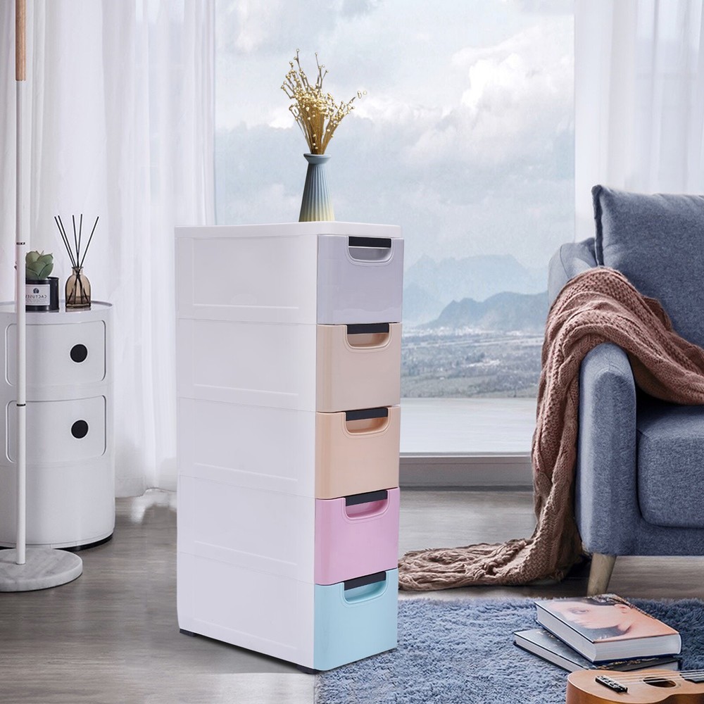 Plastic Stackable Storage Box Clothes Organizer Cabinet Tower 5 Drawer w/ Wheel