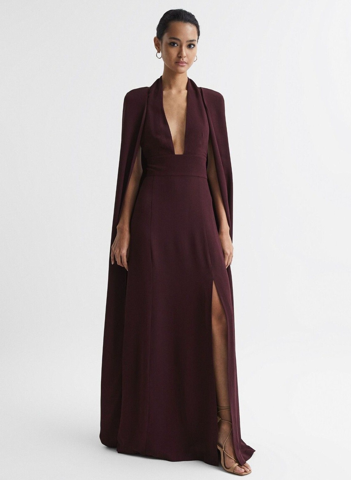REISS Grace Maxi Dress with Detachable Cape in Burgundy